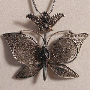 Filigree Butterfly Pendant Wheat Necklace Vintage Sterling Silver 925 From Turke